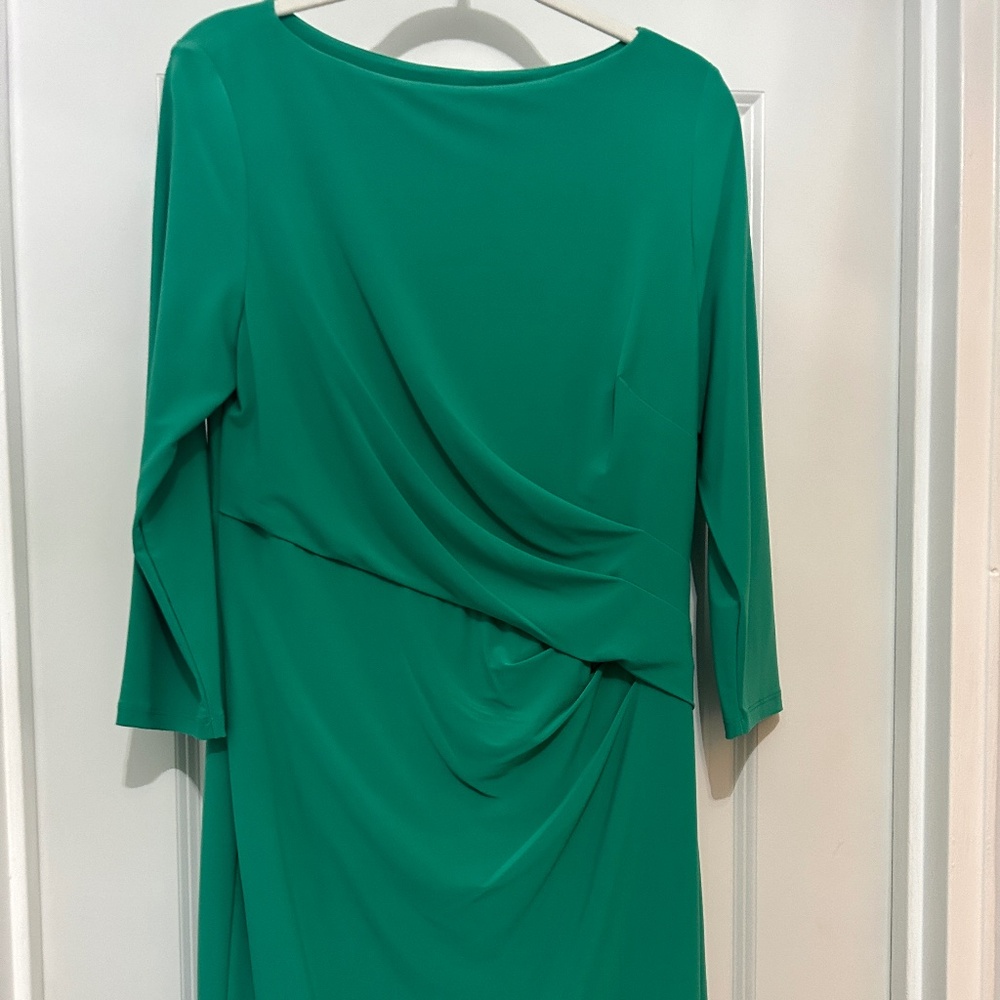 Lauren Ralph Lauren Green Sheath Shirred Detail Dress 3/4 Sl.Sz 12 Exc. Cond.